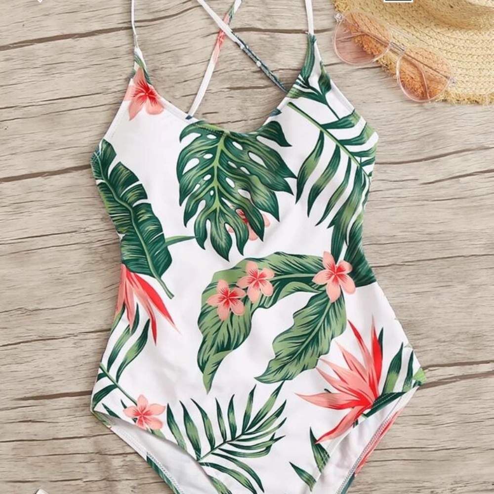 Tropical print laced up back swimsuit